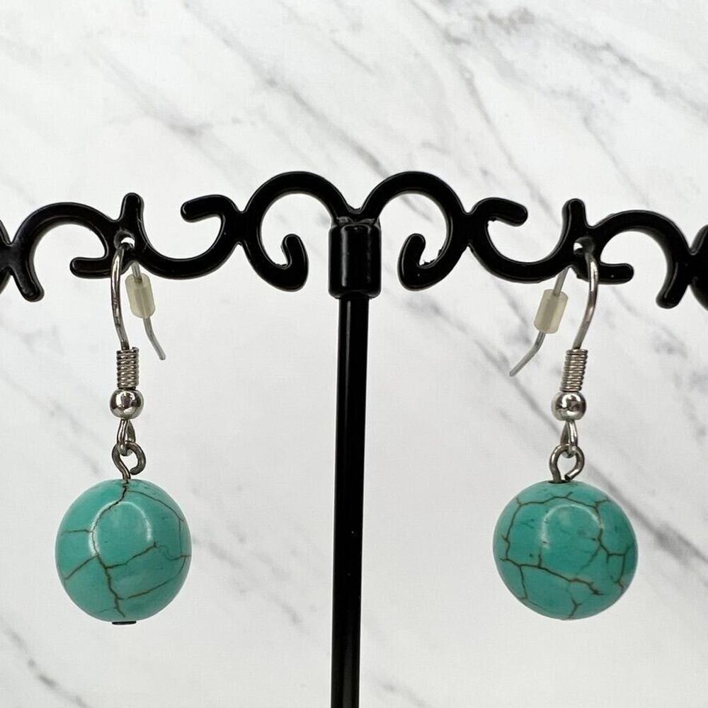 Silver Tone Faux Turquoise Beaded Dangle Drop Earrings Pierced Pair